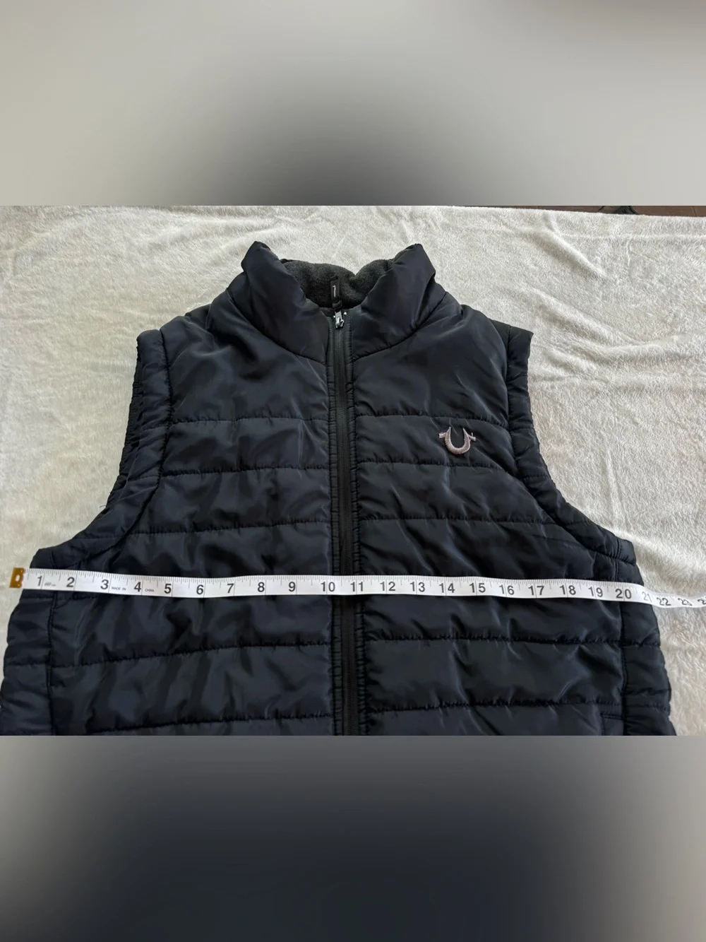 True Religion Black Quilted Puffer Vest with Gray Hood Lining